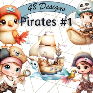 Pirate Kids and Animals PNG Clipart, Treasure Chest, Pirate Ship, Jolly Roger, Compass, Nautical Adventure, Ocean Graphics, Pirate Printable
