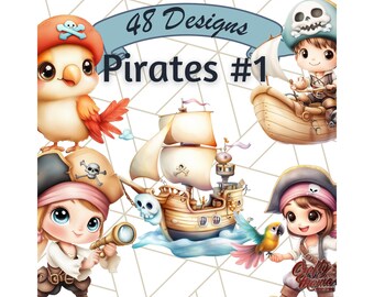 48 Png, Pirate Kids and Animals PNG Clipart, Treasure Chest, Pirate Ship, Jolly Roger, Nautical Adventure, Ocean Graphics Printable