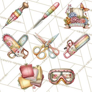 May include: A collection of watercolor illustrations featuring various tools and decorative elements. Includes a syringe, a spear, a decorative sign with flowers, scissors, two chainsaws, a stack of papers, and goggles. The tools have pastel colors and floral patterns.