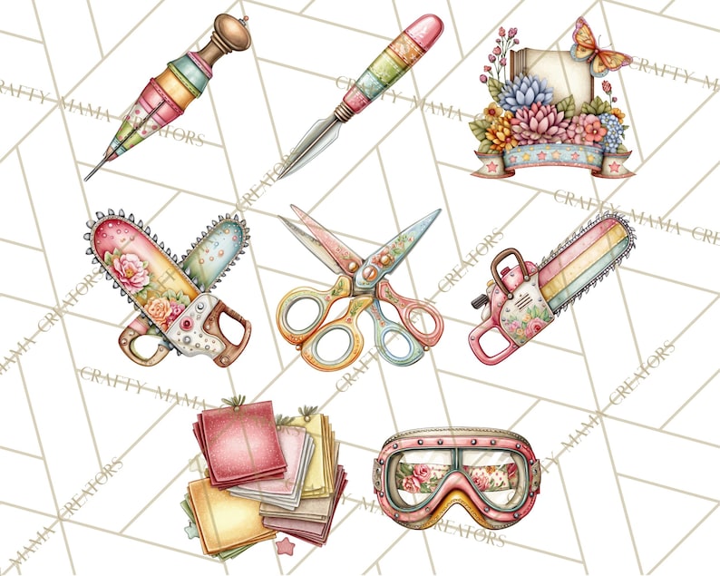 May include: A collection of watercolor illustrations featuring various tools and decorative elements. Includes a syringe, a spear, a decorative sign with flowers, scissors, two chainsaws, a stack of papers, and goggles. The tools have pastel colors and floral patterns.