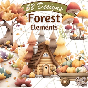 Könnte beinhalten: Eine skurrile Illustration mit einer Waldszene mit einer Blockhütte, Pilzen, Bäumen und Kürbissen. Das Bild enthält den Text "52 Designs Forest Elements" und einen kleinen Holzkarren voller Kürbisse. Die Farbpalette ist warm, mit Herbsttönen.