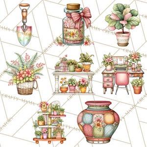 May include: Watercolor illustrations of gardening and floral elements. Includes a shovel, a jar with a pink bow, potted plants, a basket of flowers, a desk with a typewriter, a shelf with plants, and a decorative vase. The theme is a cottagecore aesthetic.