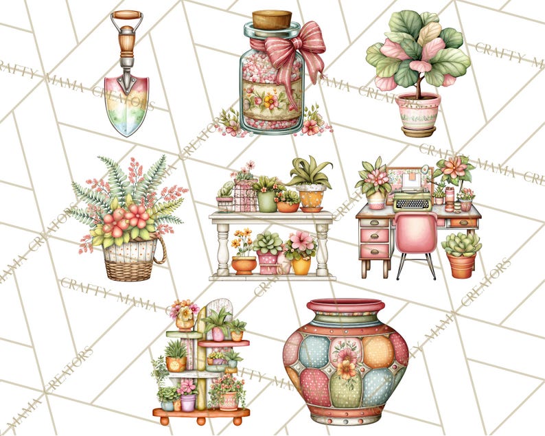 May include: Watercolor illustrations of gardening and floral elements. Includes a shovel, a jar with a pink bow, potted plants, a basket of flowers, a desk with a typewriter, a shelf with plants, and a decorative vase. The theme is a cottagecore aesthetic.