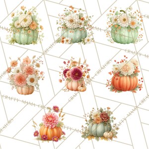 Op de afbeelding: Waterverfillustraties van pompoenen versierd met bloemen in verschillende kleuren. De pompoenen zijn in tinten oranje, groen en perzik, met bloemstukken in wit, perzik en bordeaux. De achtergrond is wit met een geometrisch patroon.