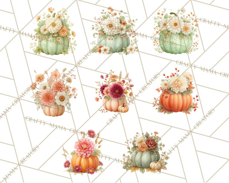 Op de afbeelding: Waterverfillustraties van pompoenen versierd met bloemen in verschillende kleuren. De pompoenen zijn in tinten oranje, groen en perzik, met bloemstukken in wit, perzik en bordeaux. De achtergrond is wit met een geometrisch patroon.