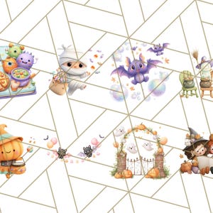 Pu&ograve; includere: Una collezione di illustrazioni stravaganti a tema Halloween. Le immagini presentano simpatici mostri, una mummia, pipistrelli, streghe, zucche, fantasmi e archi decorativi. La tavolozza dei colori include arancione, viola, verde e bianco, con un'atmosfera giocosa e festosa.