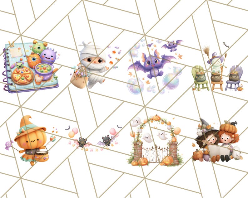 Pu&ograve; includere: Una collezione di illustrazioni stravaganti a tema Halloween. Le immagini presentano simpatici mostri, una mummia, pipistrelli, streghe, zucche, fantasmi e archi decorativi. La tavolozza dei colori include arancione, viola, verde e bianco, con un'atmosfera giocosa e festosa.