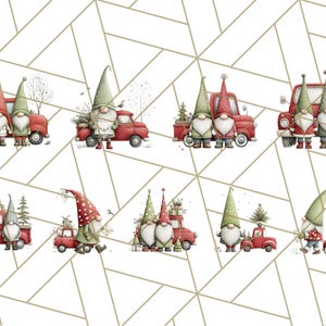 May include: Watercolor illustrations of Christmas gnomes with red trucks. The gnomes wear tall hats and stand next to the trucks, some carrying gifts or trees. The background has a geometric pattern.