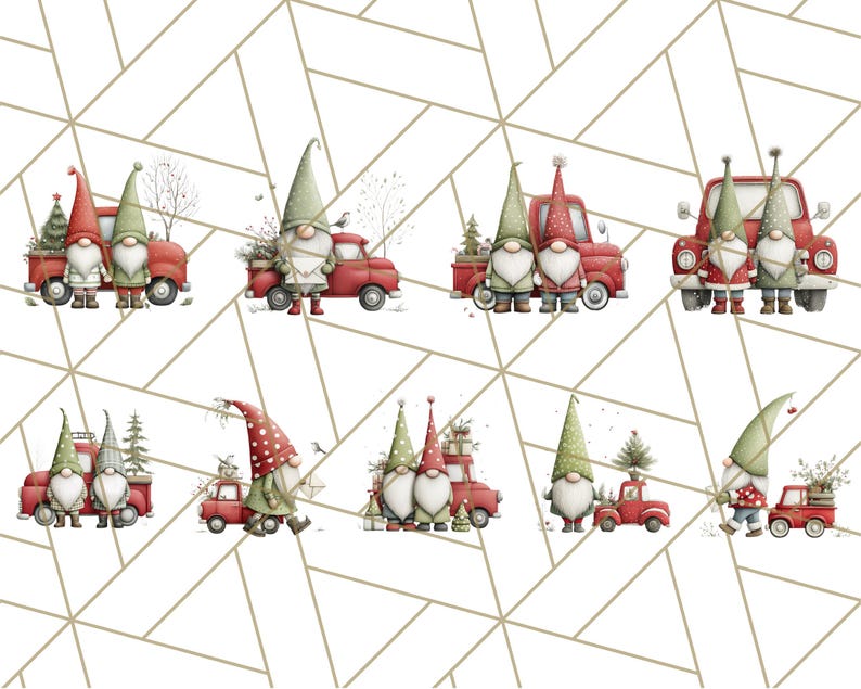 May include: Watercolor illustrations of Christmas gnomes with red trucks. The gnomes wear tall hats and stand next to the trucks, some carrying gifts or trees. The background has a geometric pattern.