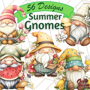 Summer Garden Gnomes Clipart, Lemon Strawberry Watermelon Gnome Art, Farmhouse Garden PNGs, Cute Gnome Graphics, Fruit Gnome Set Clip Art