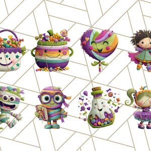 May include: A collection of whimsical Halloween-themed illustrations. The image features a smiling basket, a candy-filled pot, a heart-shaped lollipop, a fairy, a mummy, a mummy with glasses, a potion bottle, and a girl with a lollipop.