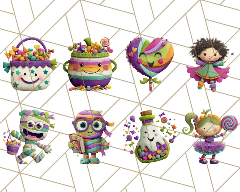May include: A collection of whimsical Halloween-themed illustrations. The image features a smiling basket, a candy-filled pot, a heart-shaped lollipop, a fairy, a mummy, a mummy with glasses, a potion bottle, and a girl with a lollipop.