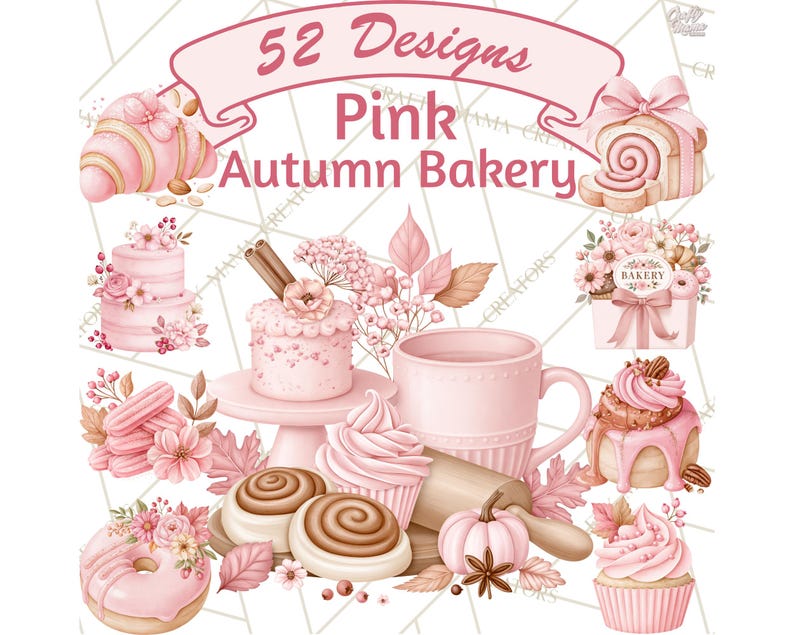 52 Pink Autumn Bakery Clipart, Watercolor Clip Art PNG, Cozy Fall ...