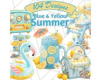 Sky Blue and Sunshine Yellow Summer Clipart PNG, Beach Vacation Clip Art, Tropical Summer Aesthetic, Cute Retro Digital Illustrations Png