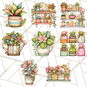 May include: Watercolor illustrations of potted plants and floral arrangements. The image features various plants in decorative pots, including succulents and flowering plants. Some plants are on shelves, while others are in watering cans and decorative bags. The color palette includes pastels and earth tones.