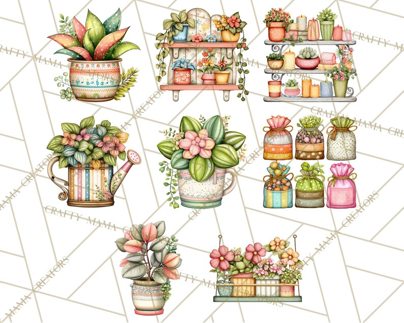 May include: Watercolor illustrations of potted plants and floral arrangements. The image features various plants in decorative pots, including succulents and flowering plants. Some plants are on shelves, while others are in watering cans and decorative bags. The color palette includes pastels and earth tones.