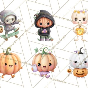 Peut inclure: Ensemble d'illustrations sur le th&egrave;me d'Halloween. Les images pr&eacute;sentent des personnages mignons, dont un squelette sur un skateboard, une citrouille portant un sweat &agrave; capuche et des citrouilles avec des t&eacute;l&eacute;phones. Chaque personnage a une expression joyeuse et tient une lanterne.