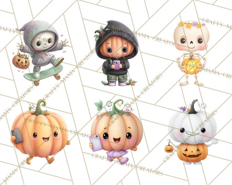 Peut inclure: Ensemble d'illustrations sur le th&egrave;me d'Halloween. Les images pr&eacute;sentent des personnages mignons, dont un squelette sur un skateboard, une citrouille portant un sweat &agrave; capuche et des citrouilles avec des t&eacute;l&eacute;phones. Chaque personnage a une expression joyeuse et tient une lanterne.
