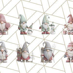 May include: A collection of whimsical gnome illustrations in various poses. Each gnome is depicted with a long beard, pointed hat, and festive attire. Some gnomes are paired with snowmen or holding winter-themed items like a lollipop or firewood.