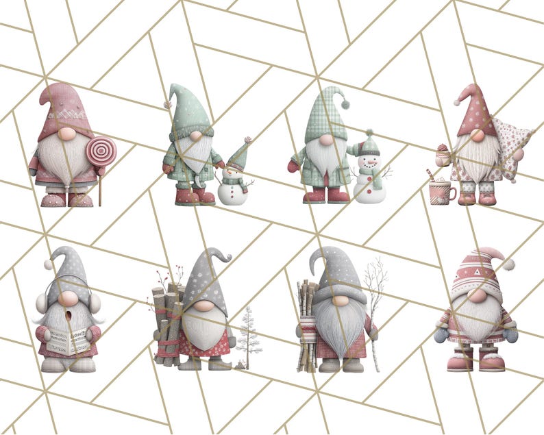 May include: A collection of whimsical gnome illustrations in various poses. Each gnome is depicted with a long beard, pointed hat, and festive attire. Some gnomes are paired with snowmen or holding winter-themed items like a lollipop or firewood.