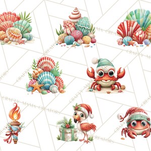 May include: Watercolor illustrations of various seashells in shades of red, blue, and beige, arranged in clusters. Some images include starfish and greenery. Other images feature a crab and a flamingo wearing Santa hats, and a lit torch.