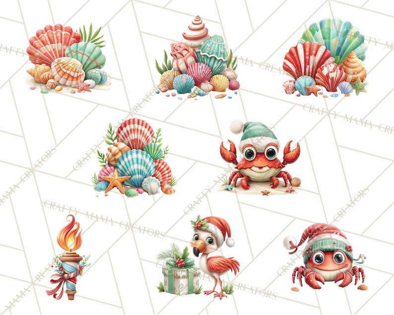 May include: Watercolor illustrations of various seashells in shades of red, blue, and beige, arranged in clusters. Some images include starfish and greenery. Other images feature a crab and a flamingo wearing Santa hats, and a lit torch.