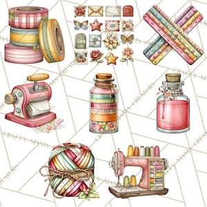 May include: Watercolor illustration of craft supplies including washi tape rolls, a pink tape dispenser, a jar filled with colorful ribbons, a pink bottle, a ball of yarn, and a sewing machine. Also included are decorative elements like butterflies, flowers, and stars.