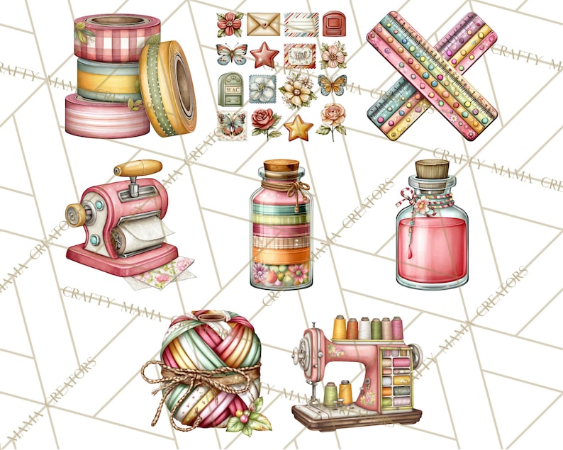 May include: Watercolor illustration of craft supplies including washi tape rolls, a pink tape dispenser, a jar filled with colorful ribbons, a pink bottle, a ball of yarn, and a sewing machine. Also included are decorative elements like butterflies, flowers, and stars.