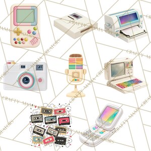 May include: A collection of retro-themed illustrations featuring a handheld gaming device, a camera, a microphone, a computer, a printer, a flip phone, a floppy disk drive, and cassette tapes. The items are in pastel colors.