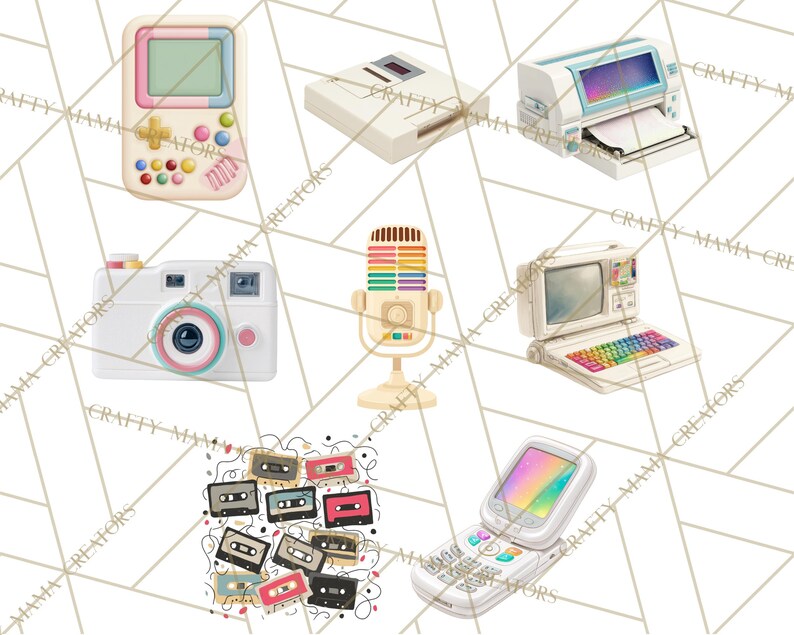 May include: A collection of retro-themed illustrations featuring a handheld gaming device, a camera, a microphone, a computer, a printer, a flip phone, a floppy disk drive, and cassette tapes. The items are in pastel colors.