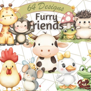 May include: 64 Designs Furry Friends - A digital illustration set featuring cute animal characters, including a giraffe, monkey, cow, rooster, mouse, duck, frog, and hedgehog. The illustrations are in a cartoon style with bright colors and playful expressions.
