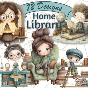 May include: Digital illustration featuring several cartoon characters in a library setting. The image includes the text "72 Designs Home Library". The characters are reading books and surrounded by stacks of books, a globe, and a clock. The color palette is soft and inviting.