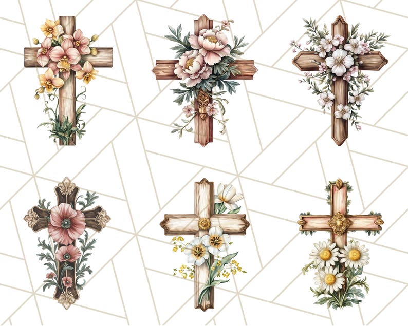 Aquarel bloemen christelijk kruis PNG, religieuze clipart voor sublimatie, op geloof gebaseerde digitale download, afdrukbare paaskruis, bloemenkruis afbeelding 8