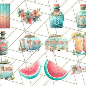 May include: A set of digital illustrations featuring a variety of summer-themed elements, including a beach towel, a floral wreath, two bottles with a nautical theme, two vintage camper vans, two glasses of lemonade, a watermelon slice, and sunglasses with palm trees reflected in the lenses.