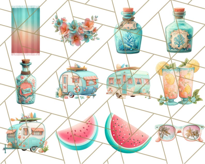 May include: A set of digital illustrations featuring a variety of summer-themed elements, including a beach towel, a floral wreath, two bottles with a nautical theme, two vintage camper vans, two glasses of lemonade, a watermelon slice, and sunglasses with palm trees reflected in the lenses.