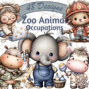May include: A digital illustration featuring adorable zoo animals in various occupations. The image includes a lion firefighter, a zebra news reporter, an elephant janitor, a hippo explorer, and a bear using a laptop. The text "48 Designs Zoo Animal Occupations" is displayed.