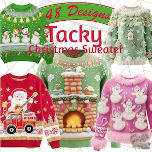 Könnte beinhalten: Eine Auswahl an farbenfrohen „Tacky Christmas Sweaters“ mit verschiedenen Designs. Die Pullover zeigen Schneemänner, den Weihnachtsmann und einen Kamin. Der Text „48 Designs Tacky Christmas Sweater“ ist sichtbar. Die Pullover sind mit Verzierungen versehen.