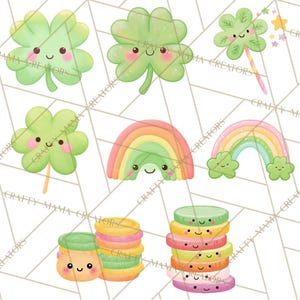 May include: A selection of charming, cartoon-style illustrations with a St. Patrick's Day and rainbow theme. The image includes smiling green shamrocks, rainbows, and stacks of colourful coins, all with cute facial expressions.