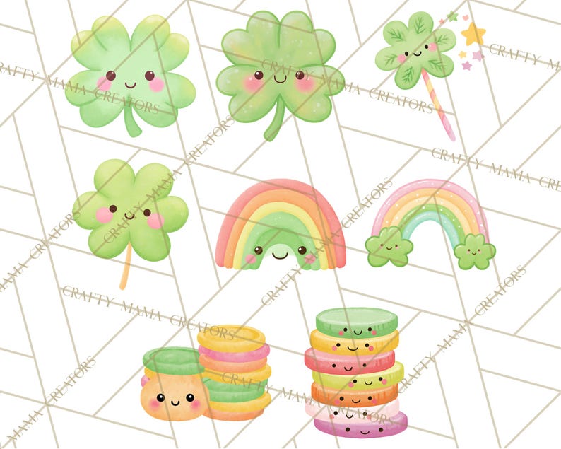May include: A selection of charming, cartoon-style illustrations with a St. Patrick's Day and rainbow theme. The image includes smiling green shamrocks, rainbows, and stacks of colourful coins, all with cute facial expressions.
