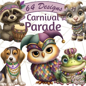 May include: Digital illustration featuring a raccoon playing a drum, a goat, a beagle, an owl, and a frog, all adorned with Mardi Gras beads and crowns. The image includes the text "64 Designs Carnival Parade."