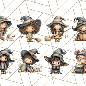 May include: A collection of eight whimsical illustrations of little witches. Each witch is depicted with large eyes, wearing a pointed hat, and holding various Halloween-themed items like a broom, cauldron, or pet. The color palette includes soft pastels and dark blues.