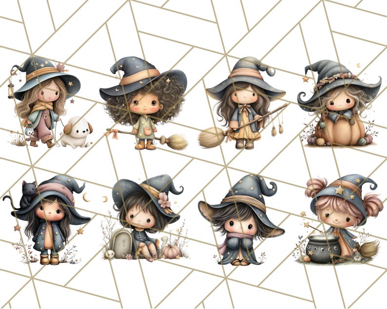 May include: A collection of eight whimsical illustrations of little witches. Each witch is depicted with large eyes, wearing a pointed hat, and holding various Halloween-themed items like a broom, cauldron, or pet. The color palette includes soft pastels and dark blues.
