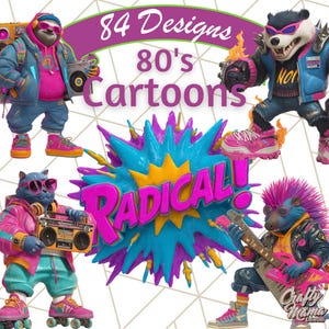 80s Cartoon Clipart PNG, Retro Animal Clip Art, Roller Skate Stickers, Cassette Tape PNG, Boombox Clipart Aesthetic, Neon Sticker Elements