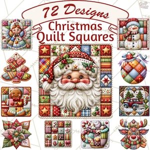 May include: A collection of 72 Christmas quilt squares featuring festive designs including a central Santa Claus, a snowman, a gingerbread person, a Christmas tree, a reindeer, a holiday ornament, a truck, and a mug with marshmallows.