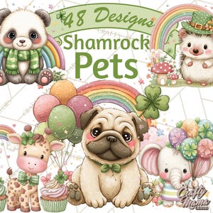 Puede incluir: Ilustración en acuarela con una colección de adorables animales de dibujos animados, incluyendo un panda, un erizo, un pug, una jirafa y un elefante, cada uno adornado con accesorios temáticos del Día de San Patricio. La imagen incluye arcoíris, globos y el texto "48 Designs Shamrock Pets."