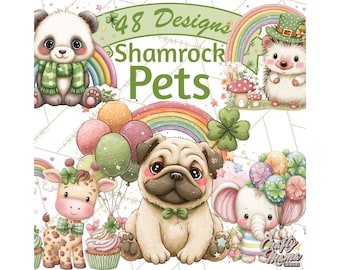 48 Png, Cartoon Lucky Animals Clipart, St. Patrick’s Day PNG, Shamrock Pets, Rainbow Gold, Printable Clip Art