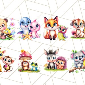 May include: A set of 10 adorable cartoon animal illustrations featuring a variety of animals, including a bear, a dolphin, a fox, a dog, a giraffe, a hedgehog, a donkey, a koala, a monkey, and a frog. The illustrations are perfect for use in children's books, greeting cards, or other creative projects.