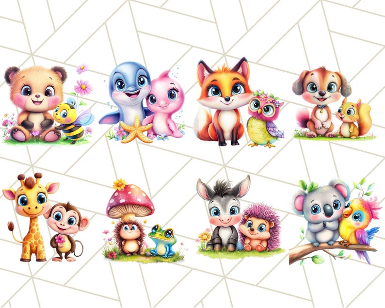 May include: A set of 10 adorable cartoon animal illustrations featuring a variety of animals, including a bear, a dolphin, a fox, a dog, a giraffe, a hedgehog, a donkey, a koala, a monkey, and a frog. The illustrations are perfect for use in children's books, greeting cards, or other creative projects.