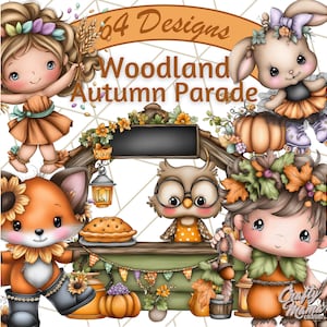 May include: A digital illustration titled "Woodland Autumn Parade" featuring cartoon characters of a girl, bunny, fox, and owl. The characters are dressed in autumn-themed outfits and surrounded by pumpkins, leaves, and a pie. The image includes the text "64 Designs" and "Crafty Mama".