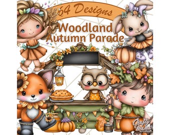 Peut inclure: Illustration numérique intitulée "Woodland Autumn Parade" avec des personnages de dessins animés : une fille, un lapin, un renard et un hibou. Les personnages sont vêtus de tenues sur le thème de l'automne, entourés de citrouilles, de feuilles et d'une tarte. Le texte "64 Designs" et "Crafty Mama" est inclus.